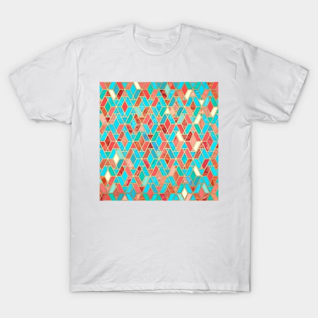 Melon and Aqua Geometric Tile Pattern T-Shirt by micklyn